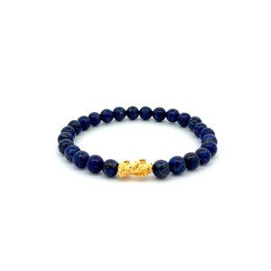 18K Gold Dragon Pixiu Piyao Lucky Charm Bracelet Gemstones Lapis Lazuli 6mm